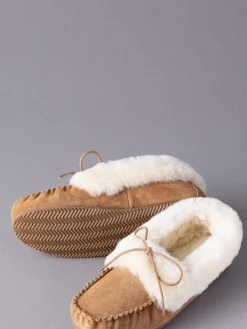 Outlet Lakeland Leather Ladies Sheepskin Moccasin Slippers Tan Brown