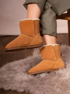 New Lakeland Leather Tan Brown Ladies Sheepskin Boots Slippers