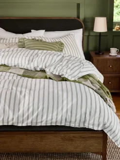 Laura Ashley Green Henley Stripe 100% Cotton Duvet Cover and Pillowcase Set^ Branded Bedlinen