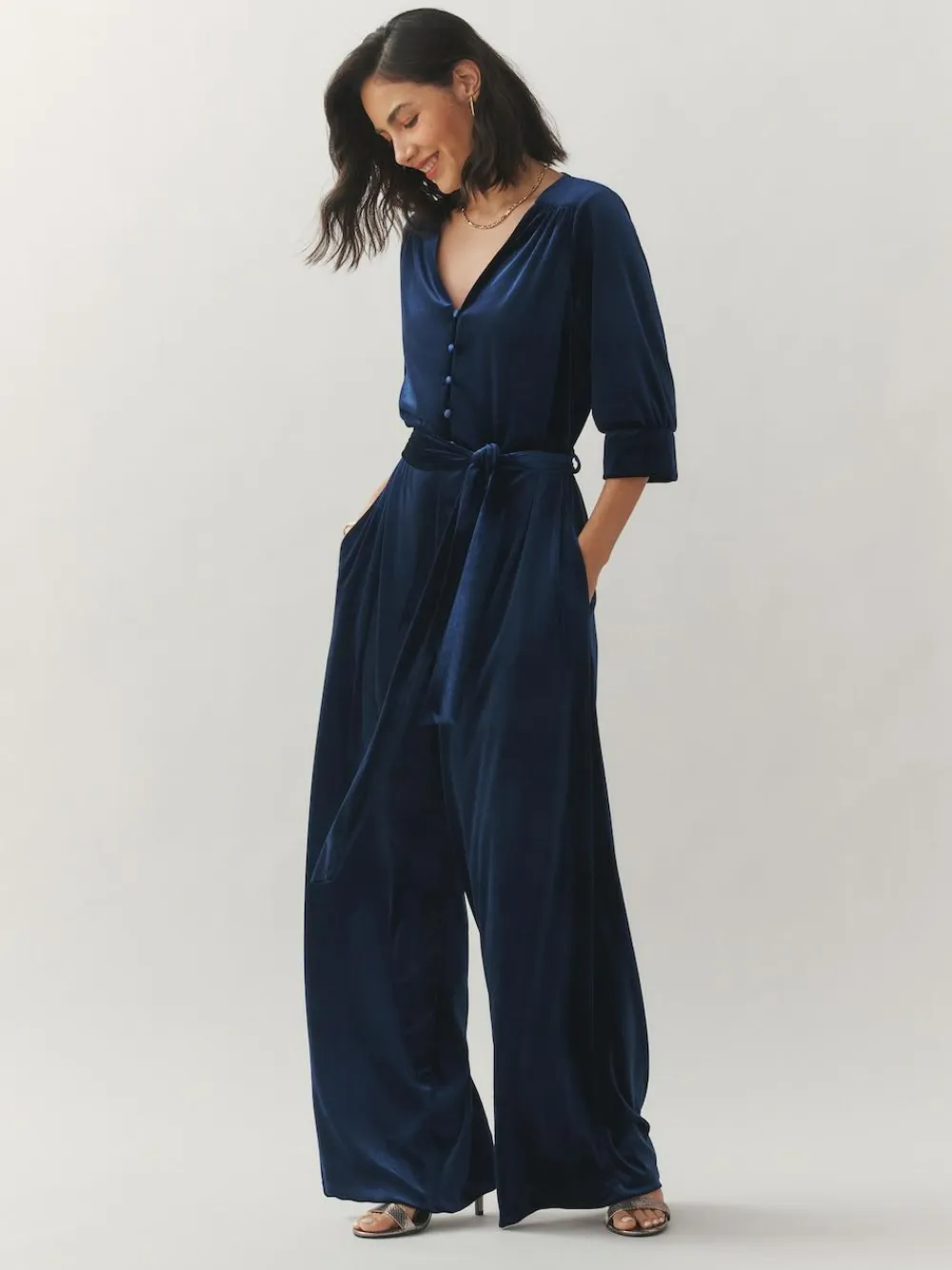Laura Ashley Navy Velvet Elasticated Waist Wide Leg Party Jumpsuit^Women Jumpsuits & Playsuits