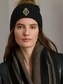 Online Lauren Ralph Lauren Crest-Patch Pom-Pom Cable-Knit Beanie Black