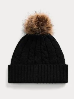 Online Lauren Ralph Lauren Crest-Patch Pom-Pom Cable-Knit Beanie Black