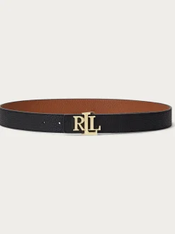 New Lauren Ralph Lauren Black/Lauren Tan 2.5cm Logo Reversible Pebbled Leather Belt