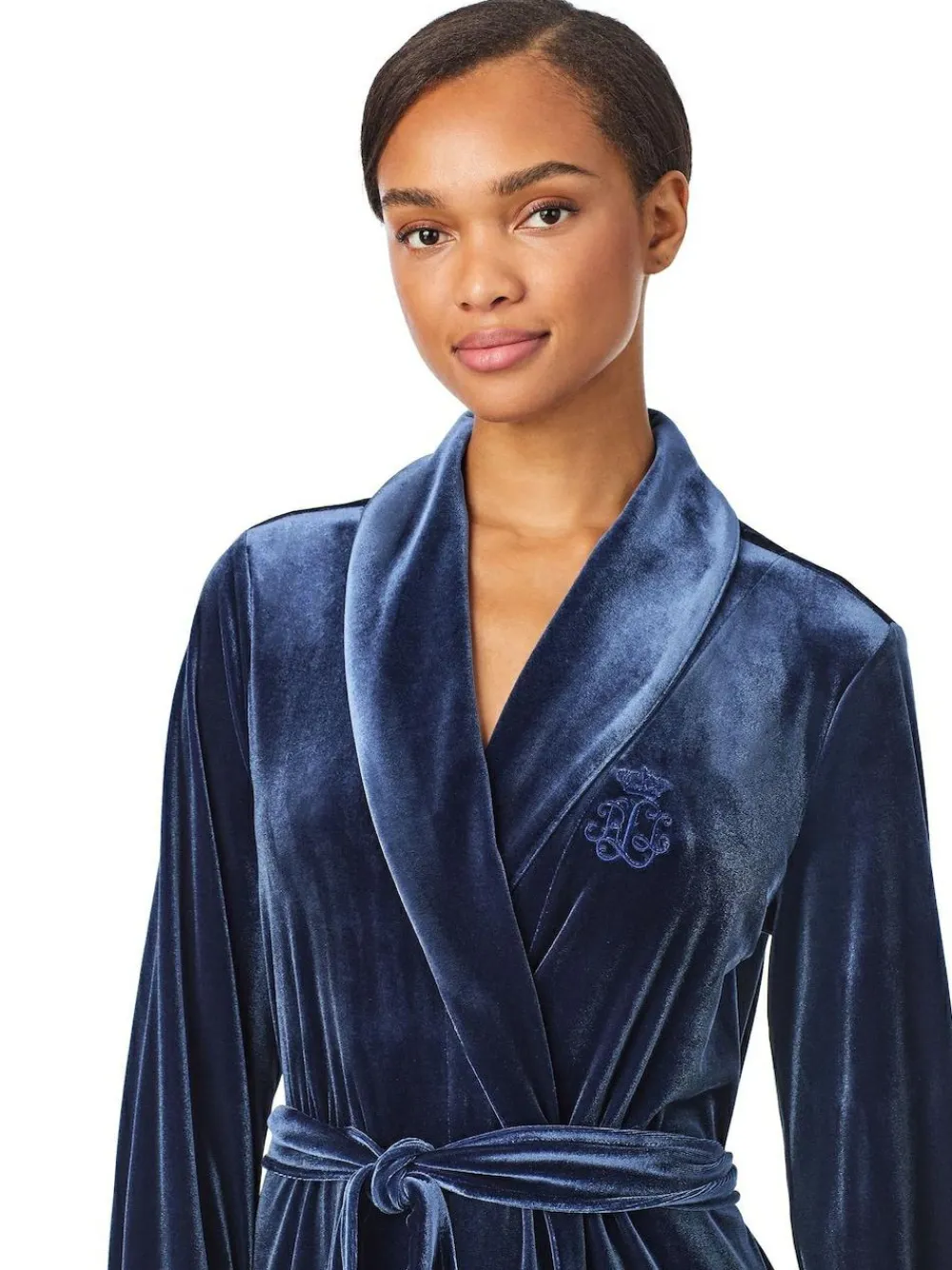 Lauren Ralph Lauren Blue Velvet Long Sleeve Shawl Collar Robe