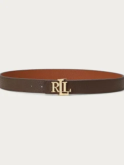 New Lauren Ralph Lauren 2.5cm Logo Reversible Pebbled Leather Belt Lauren Tan/Dark Brown