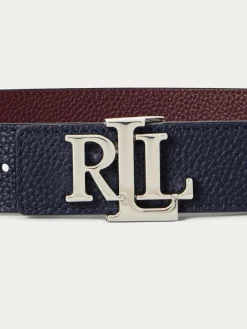 New Lauren Ralph Lauren 2.5cm Logo Reversible Pebbled Leather Belt Lauren Navy/Dark Garnet