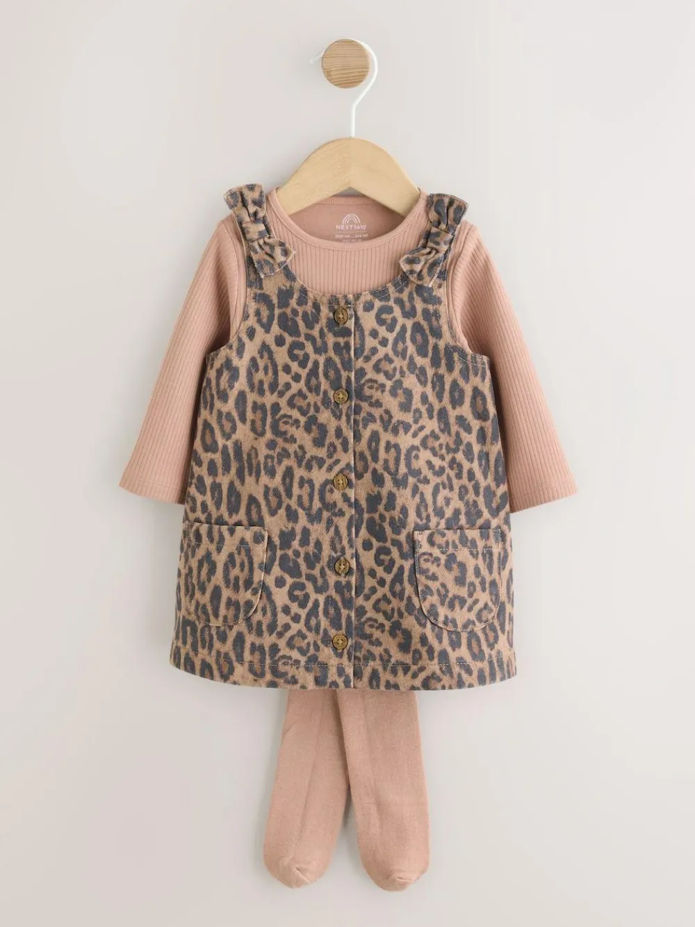 Clearance Next Leopard Print Pinafore Long Sleeve Bodysuit & Tights 3 Piece Set (0mths-2yrs)