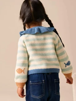 New Next Light Blue Collared Fish Stripe Cardigan (3mths-7yrs)