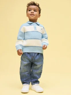 Next Knitted Stripe Rugby Polo Shirt (3mths-7yrs) Light Blue