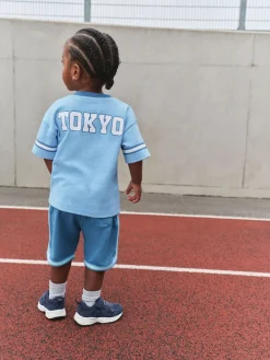 Sale Next Short Sleeve Varsity Shorts Set (3mths-7yrs) Light Blue