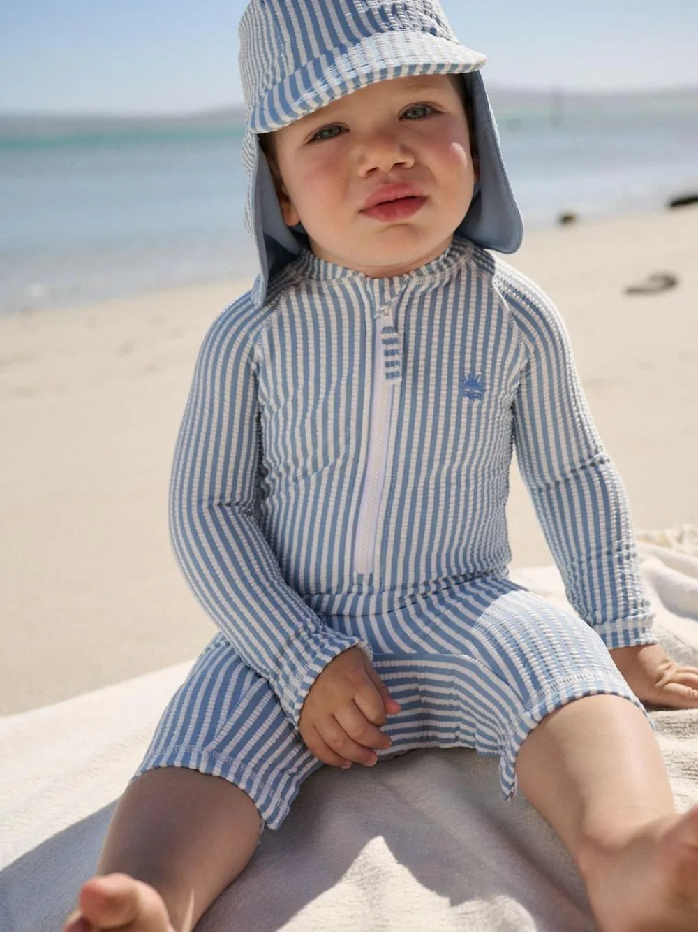 New Next Striped Sunsafe Swimsuit and Hat Set (3mths-7yrs) Light Blue