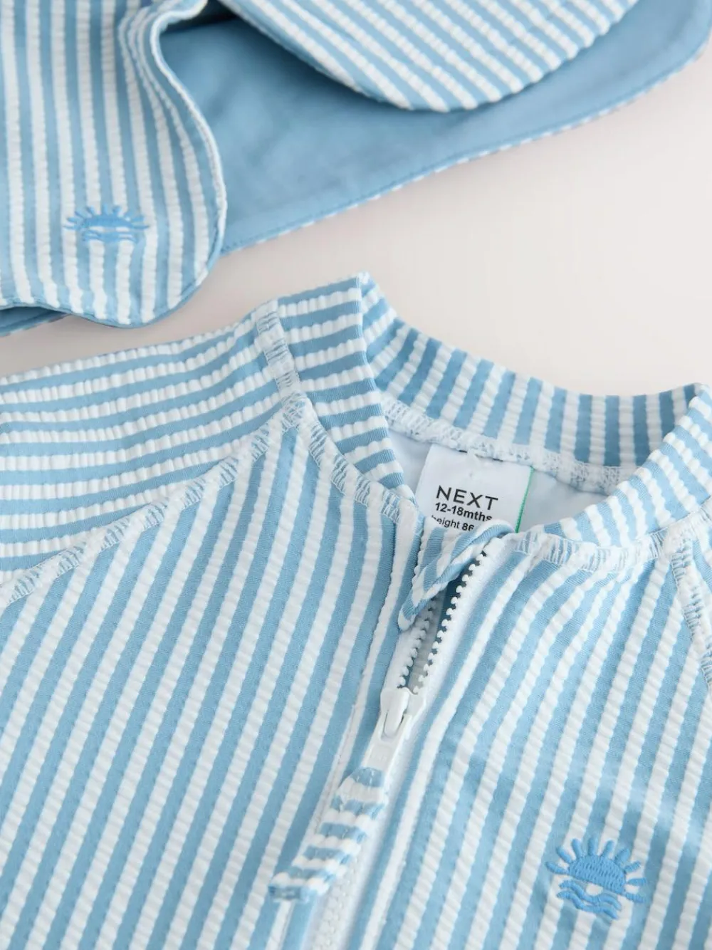 New Next Striped Sunsafe Swimsuit and Hat Set (3mths-7yrs) Light Blue