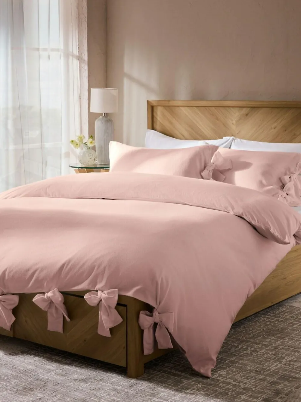 Outlet Next Supersoft 100% Brushed Cotton Duvet Cover Bow Tie Edge and Pillowcase Set Light Pink