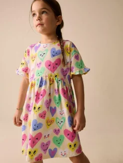 Best Next Short Sleeve Jersey Dress (3-16yrs) Light Yellow Heart Print