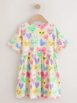 Best Next Short Sleeve Jersey Dress (3-16yrs) Light Yellow Heart Print