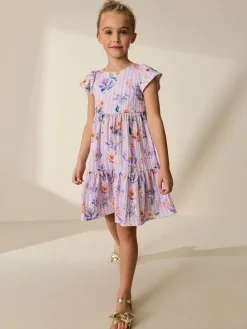 Online Next Angel Sleeve Crinkle Dress (3-16yrs) Lilac Floral