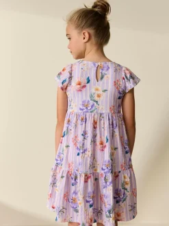 Online Next Angel Sleeve Crinkle Dress (3-16yrs) Lilac Floral