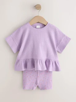 New Next Lilac Purple Short Sleeve Ribbed Top and Shorts Set (3mths-7yrs)