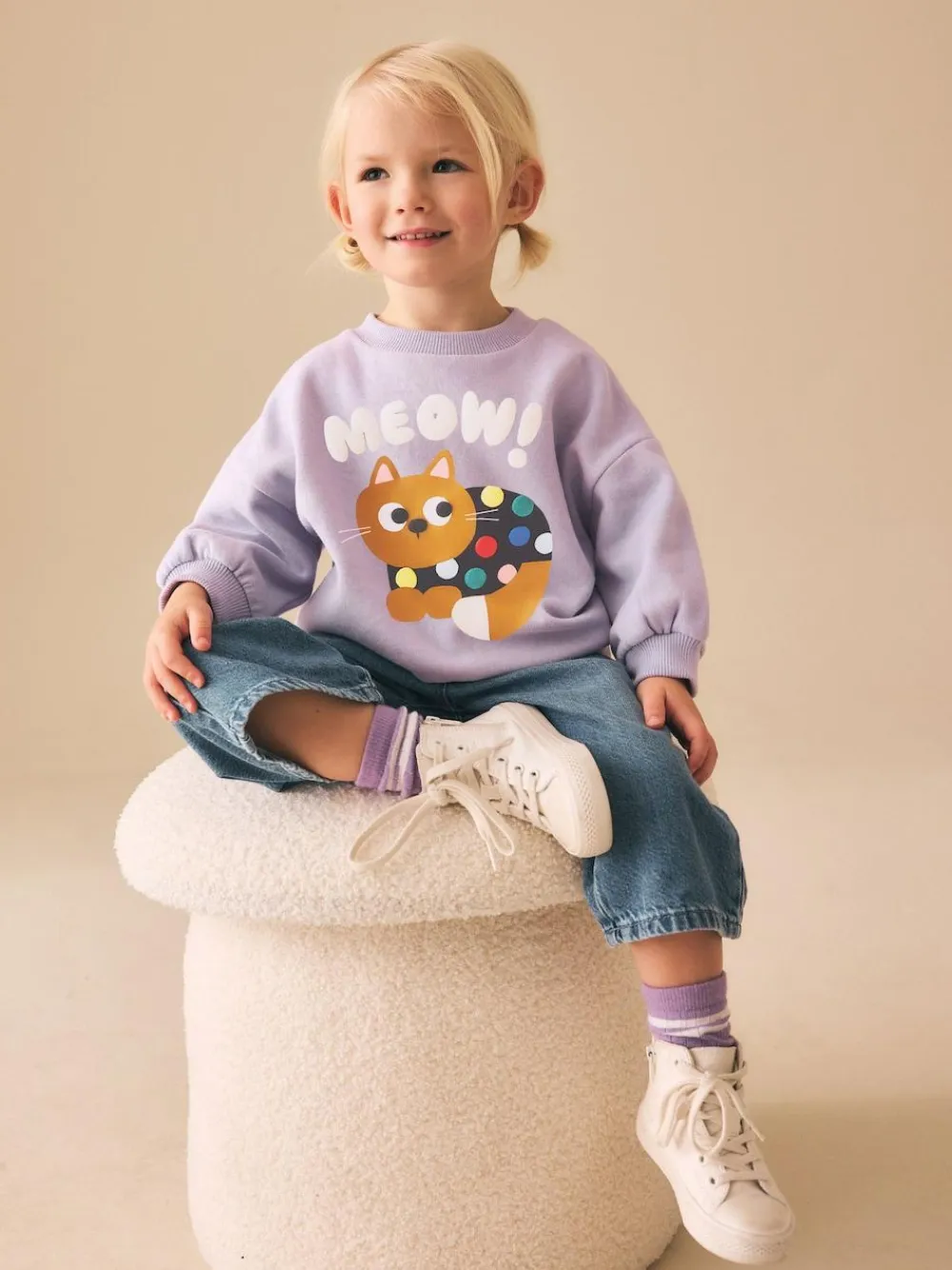 Online Next Lilac Purple Spot Cat Crew Neck Sweatshirt (3mths-7yrs)