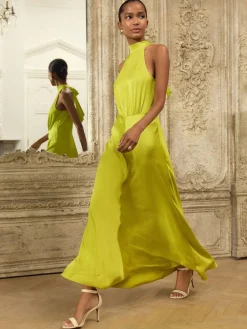 Next Lime Green Textured Satin Halter Sleeveless Midi Dress^Women Maxi Dresses
