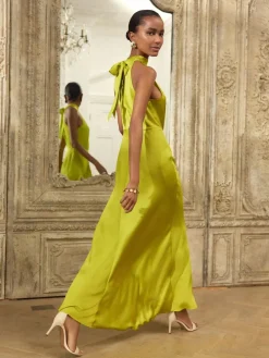 Next Lime Green Textured Satin Halter Sleeveless Midi Dress^Women Maxi Dresses