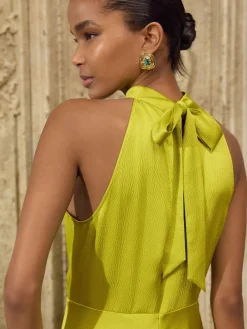 Next Lime Green Textured Satin Halter Sleeveless Midi Dress^Women Maxi Dresses