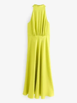 Next Lime Green Textured Satin Halter Sleeveless Midi Dress^Women Maxi Dresses