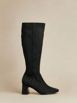 Discount Linzi Slate Stretch Knee High Block Heel Boots Black