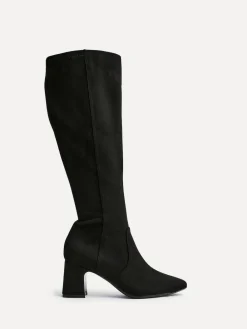 Discount Linzi Slate Stretch Knee High Block Heel Boots Black
