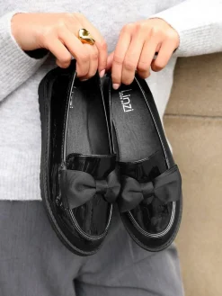 Linzi Black Wide Fit Violetta Classic Slip-On Loafers With Fabric Bow Detail^Women Flats