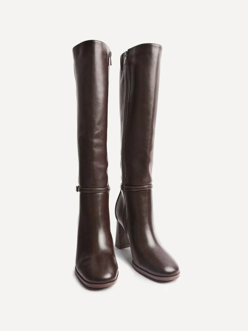 Discount Linzi Midtown Block Heel High Leg Boots With Buckle Detail Brown