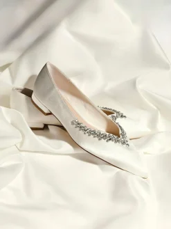Linzi Cream Bridal Endless Pointed Toe Ballet Flat With Trim Shoes^Women Flats