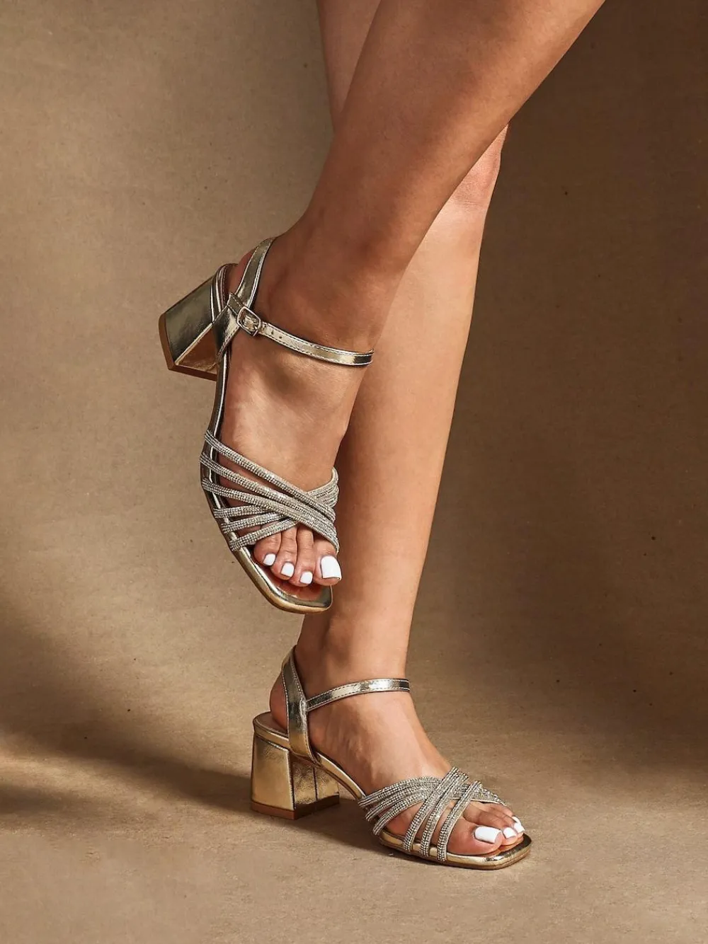 Sale Linzi Strictly Wide Fit Diamante Crossover Heeled Sandals Gold