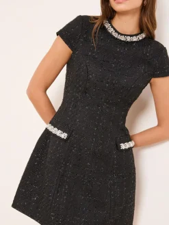 Lipsy Black Boucle Pearl Trim High Neck Mini Dress^Women Occasionwear