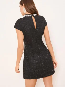 Lipsy Black Boucle Pearl Trim High Neck Mini Dress^Women Occasionwear