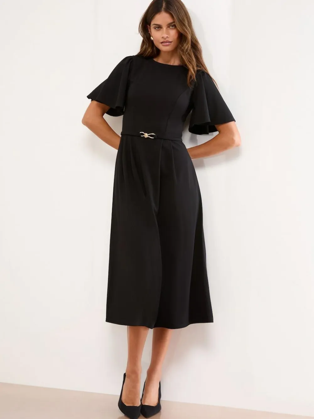Hot Lipsy Crew Neck Short Sleeve Fit and Flare Midi Dress with Gold Trim Belt Black