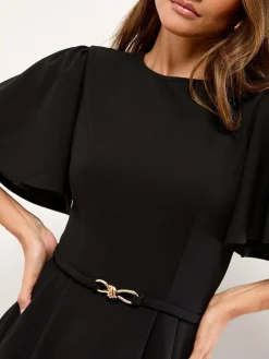Hot Lipsy Crew Neck Short Sleeve Fit and Flare Midi Dress with Gold Trim Belt Black