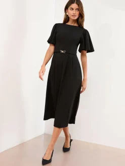 Hot Lipsy Crew Neck Short Sleeve Fit and Flare Midi Dress with Gold Trim Belt Black