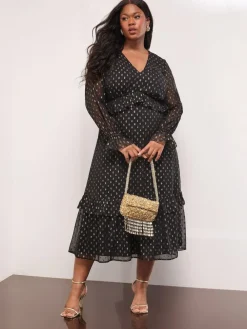 Lipsy Black Curve Metallic Spot V-Neck Ruffle Midi Dress^Women Midi Dresses
