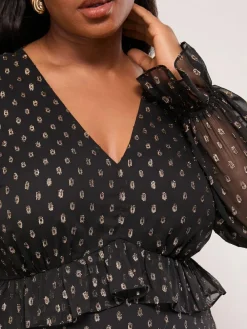 Lipsy Black Curve Metallic Spot V-Neck Ruffle Midi Dress^Women Midi Dresses