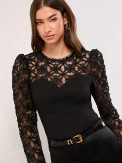 Hot Lipsy Black 3D Fabric Puff Sleeve Top