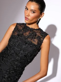 Lipsy Black 3d Floral Mesh Midaxi Bodycon Dress