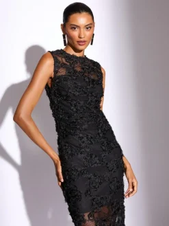 Lipsy Black 3d Floral Mesh Midaxi Bodycon Dress