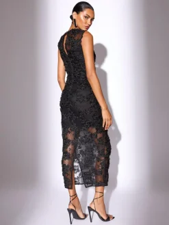 Lipsy Black 3d Floral Mesh Midaxi Bodycon Dress