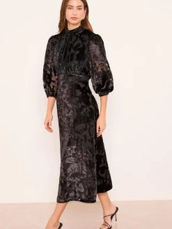 Hot Lipsy Black Devore Velvet Puff Sleeve Midi Dress