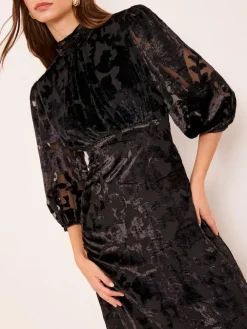 Hot Lipsy Black Devore Velvet Puff Sleeve Midi Dress