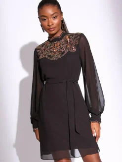 Lipsy Black Embellished Cut Out Artwork Long Sleeve Mini Shift Dress^Women Occasion Dresses|Occasionwear