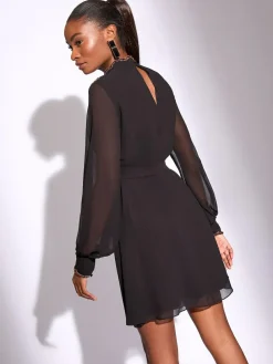 Lipsy Black Embellished Cut Out Artwork Long Sleeve Mini Shift Dress^Women Occasion Dresses|Occasionwear