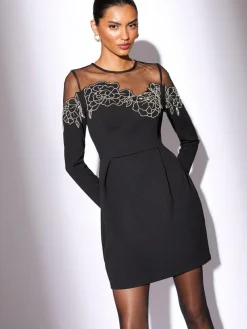 New Lipsy Black Embellished Floral Long Sleeve Skater Mini Dress