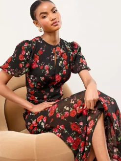 Hot Lipsy Black Floral Print Short Sleeve Woven Maxi Dress